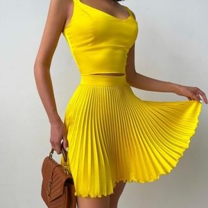 Yellow Square Neck Crop Top & Pleated Skirt Sets
